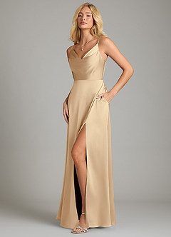 Azazie Sarella Vestidos de damas de honor Vestido de Champán de Satén Elástico de Corte en A con Plisado image5