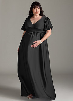 Azazie Verna At-home Try On Dresses A-Line Ruched Stretch Satin Floor-Length Dress image9