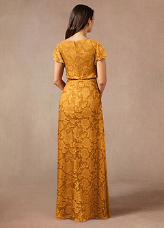 Azazie Lehi Mother of the Bride Dresses Butterscotch A-Line Boatneck Floral Burnout Dress image2