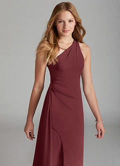 Azazie Maron Junior Merlot A-Line Pleated Stretch Satin Dress image3