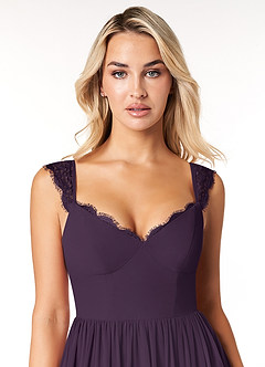 Azazie Cleobella Robes de demoiselle d'honneur Robe Trapèze en Mousseline de soie Dentelle en forme de cœur Prune image6