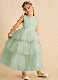 Azazie Marshmallow Blumenmädchenkleider Ballkleid Schleifen Tüll Kleid Staubiger Salbeigrün image4