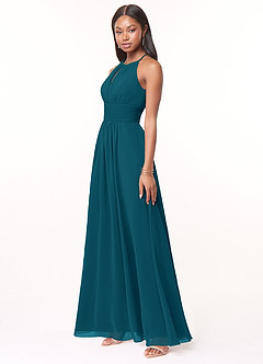 Azazie Bonnie Bridesmaid Dresses Ink Blue A-Line Keyhole Ruched Chiffon Dress image3