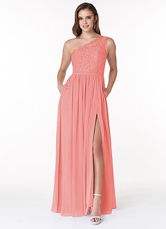 Azazie Demi Vestidos de damas de honor Vestido de Coral de Gasa de Corte en A con Hombro unilateral image1