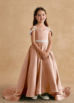 Azazie Jodi Robe Demoiselle D'honneur Fillette Robe Trapèze en Mat Satiné Champagne Rosé image4