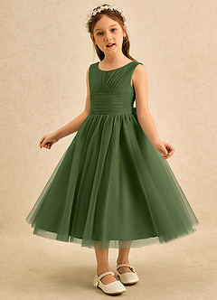 Azazie Macaron Jurken voor bloemenmeisjes A-Lijn Jurk van Tule Geplooid Olijf image4