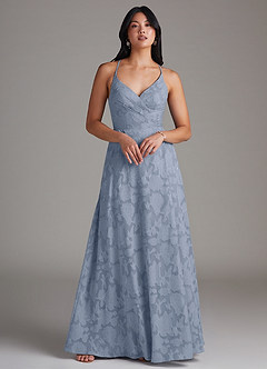 Azazie Davis Bridesmaid Dresses Dusty Blue A-Line Pleated Floral Burnout Dress image3