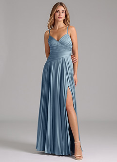Azazie Vini Kleider zum Anprobieren zu Hause A-Linie Plissee Stretch-Satin Kleid Staubblau image4