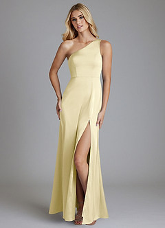 Azazie Phaedra Vestidos de damas de honor Vestido de Sorbete De Limón de Satén Elástico de Corte en A con Hombro unilateral image1