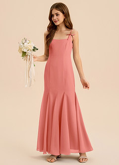 Azazie Evey Junior Vestido de Rosa Salmón de Gasa de Corte Sirena con Plisado image4