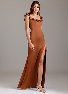 Azazie Callie Bridesmaid Dresses Copper A-Line Ruched Stretch Satin Convertible Dress image4