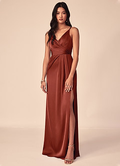 Azazie Aqua Robes de demoiselle d'honneur Robe Trapèze en Satin extensible Col V plissé Terracotta image1