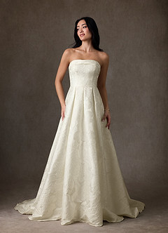 Azazie Desiree Wedding Dresses Antique White Ball-Gown Strapless Floral Jacquard Dress image7