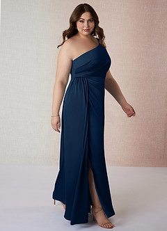 Azazie Mika Bridesmaid Dresses Dark Navy Sheath One Shoulder Stretch Satin Dress image10