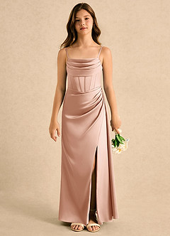 Azazie Lexy Girls Formal vestidos de niña de las flores Vestido Oro Rosa de Satén Elástico de Corte en A con Plisado image5