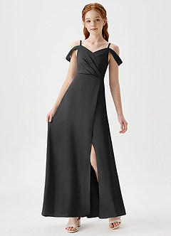 Azazie Ocean Junior Vestido de Negro de Satén Elástico de Corte en A con Vestidos sin tirantes image6