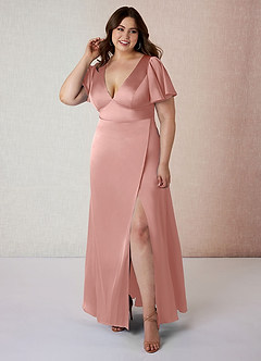 Azazie Lani Bridesmaid Dresses Rosette A-Line Flounce Sleeve Stretch Satin Dress image7