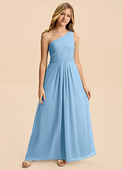 Azazie Emmie Junior Steel Blue A-Line Pleated Chiffon Dress image4