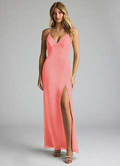 Azazie Becca Bridesmaid Dresses Coral Sheath V-Neck Chiffon Dress image1