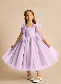 Azazie Dori Robe Demoiselle D'honneur Fillette Robe Trapèze en Tulle Rayé Frostiges Flieder image6