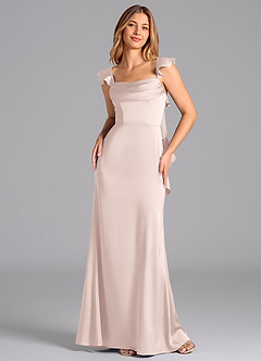 Azazie Adi 신부 들러리 드레스 A라인 주름진 스트레치 새틴 바닥 길이 드레스 image4