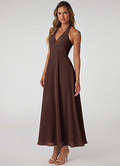 Azazie Tessie Robes de demoiselle d'honneur Robe Trapèze en Mousseline de soie Plissée Ganache image3