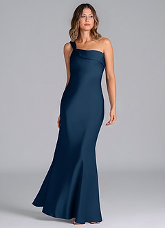 Azazie Driea Bridesmaid Dresses Dark Navy Mermaid One Shoulder Stretch Satin Dress image3