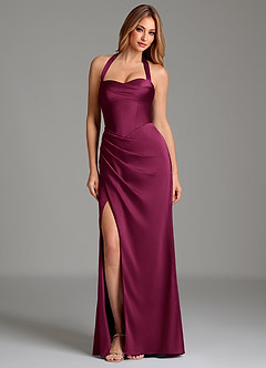 Azazie Serenity Vestidos de damas de honor Vestido Ciruela Roja de Satén Elástico de Corte Sirena con Escote corazón image3