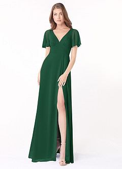 Azazie Kimber Bridesmaid Dresses Dark Green A-Line Flounce Sleeve Chiffon Dress image1