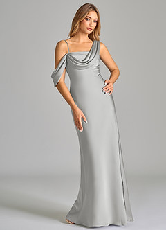Azazie Celina Bridesmaid Dresses Silver Sheath Off the Shoulder Stretch Satin Dress image1