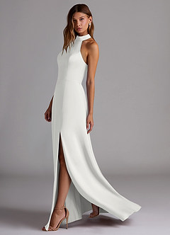 Azazie Myra Abiti da Damigella Abito A-Line in Raso Elasticizzato Collo Alto Bianco image5