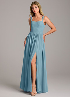 Azazie Rosaline Bridesmaid Dresses Moody Blue A-Line Side Slit Chiffon Dress image3