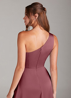 Azazie Brooke Bridesmaid Dresses Desert Rose A-Line One Shoulder Stretch Satin Dress image2