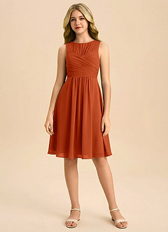 Azazie Skyla Junior Vestido de Naranja Quemada de Gasa de Corte en A con Plisado image3