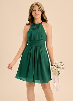Azazie Bonnie Junior Emerald A-Line Pleated Chiffon Dress image3