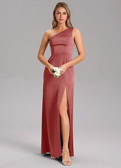 Azazie Phaedra Bridesmaid Dresses Antique Rose A-Line One Shoulder Stretch Satin Dress image1