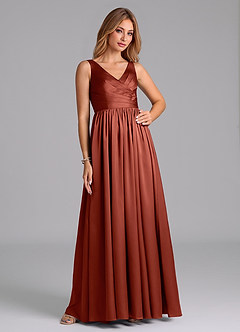 Azazie Keyla Bridesmaid Dresses Terracotta A-Line Pleated Stretch Satin Dress image6