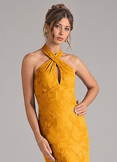 Azazie Marlissa Bridesmaid Dresses Butterscotch Sheath Pleated Floral Burnout Dress image4
