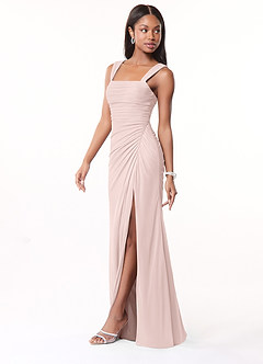 Azazie Jesaphine Bridesmaid Dresses Blushing Pink Sheath Ruched Mesh Dress image4
