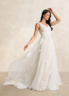 Azazie Alemia Wedding Dresses Diamond White Champagne A-Line Lace Tulle Dress image9