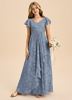 Azazie Omari Junior Dusty Blue A-Line Pleated Floral Burnout Dress image4