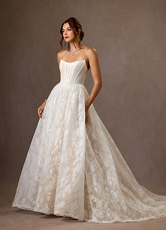 Azazie Demetria Wedding Dresses Diamond White Champagne Ball-Gown Strapless Lace Dress image7