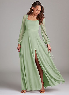 Azazie Leonia Bridesmaid Dresses Dusty Sage A-Line Long Sleeve Mesh Dress image2