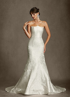 Azazie Renee Wedding Dresses Antique White Mermaid Strapless Floral Jacquard Dress image3