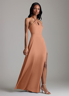 Azazie Tracie Bridesmaid Dresses Bronzer A-Line Side Slit Stretch Satin Dress image3