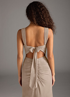 Azazie Jesaphine Bridesmaid Dresses Taupe Sheath Bow Chiffon Dress image6