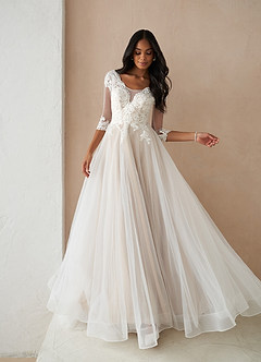 Azazie Sandoval Wedding Dresses Diamond White Nude A-Line Lace Tulle Dress image1