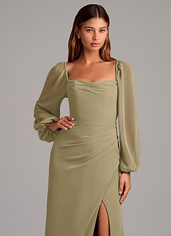 Azazie Brixley Abiti da Damigella Abito Sirena in Chiffon Manica Lunga Verde Muschio image7