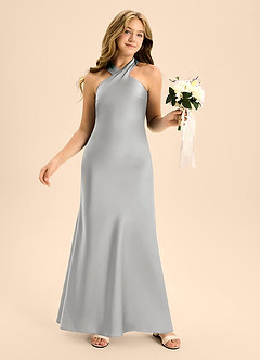 Azazie Doretta Junior Vestido Prata de Cetim elástico de Linha A com Plissado image5