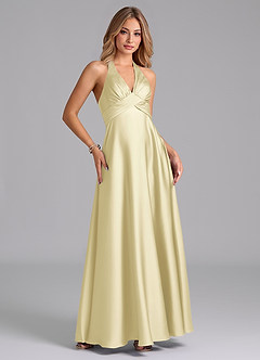 Azazie Tessie Vestidos de damas de honor Vestido de Sorbete De Limón de Satén Elástico de Corte en A con Plisado image5
